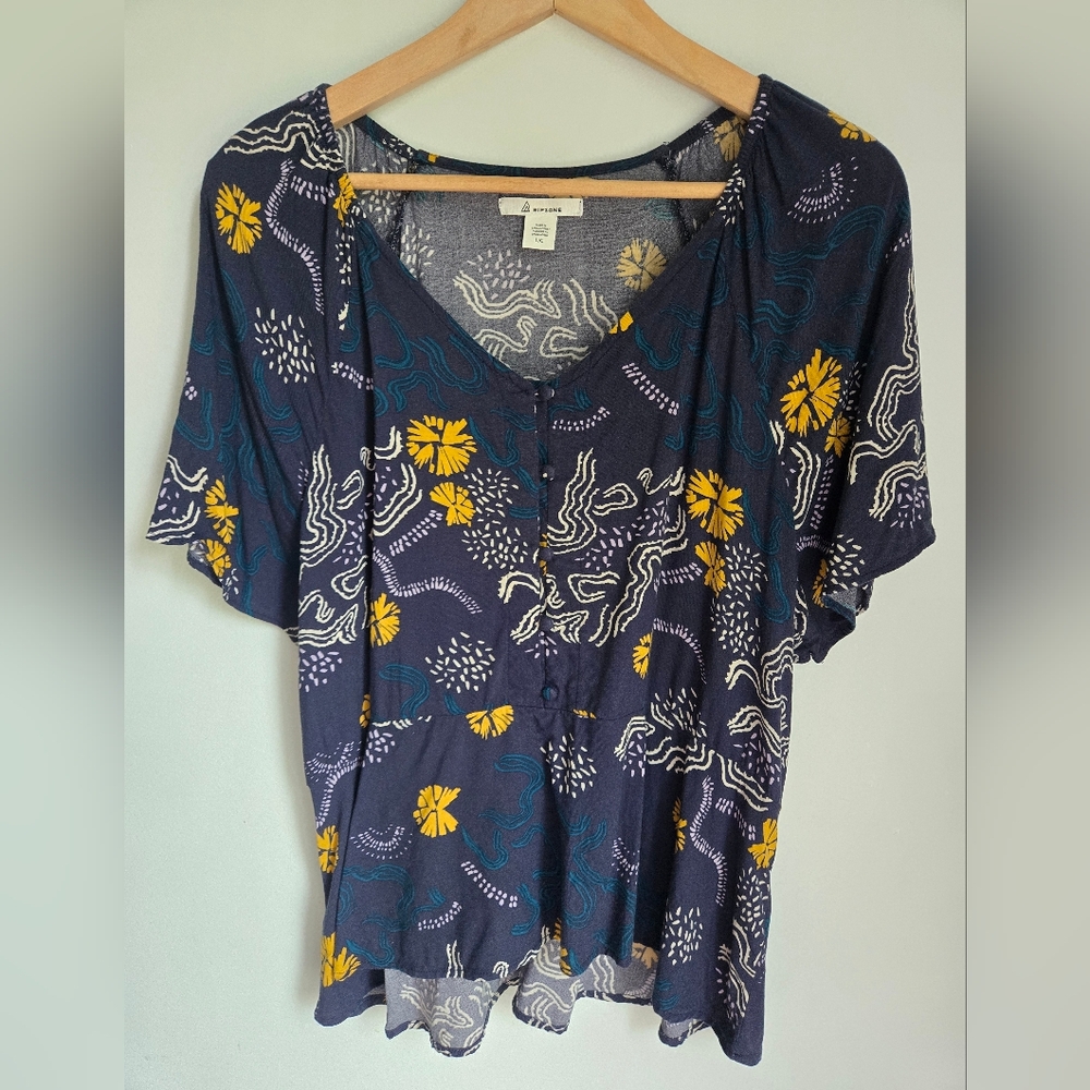 RIPZONE Blue and Yellow Flutter Sleeve Viscose Blouse